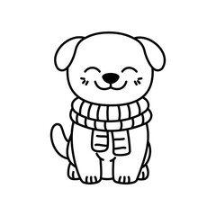 Cute Happy Puppy Little Dog Pet Animal Cartoon Character Wearing Scarf in Line Art Style