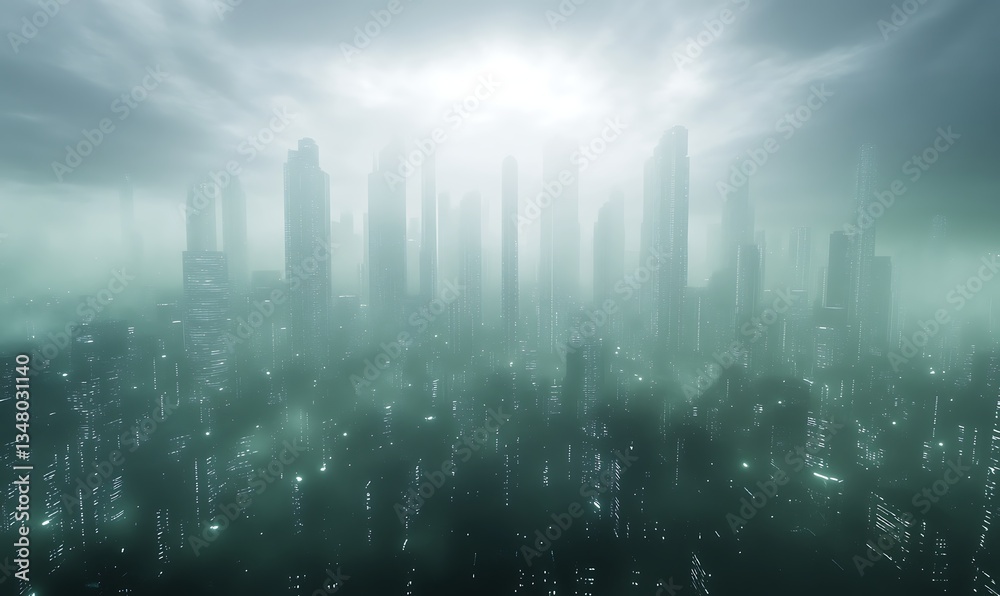 Poster misty skyline with tall buildings shrouded in fog and a bright light in the background.