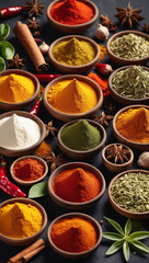 Top down view of spice and herb assortment on a black surface background. Copy space for text, advertisement, and banner. Collection of herbs and spices border frame. Abstract food wallpaper.