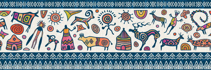 Ethnic seamless border on the theme of rock paintings, petroglyphs and geometric pattern, vector design, banner