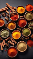 Top down view of spice and herb assortment on a black surface background. Copy space for text, advertisement, and banner. Collection of herbs and spices border frame. Abstract food wallpaper.
