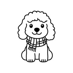 Cute Happy Puppy Little Dog Pet Animal Cartoon Character Wearing Scarf in Line Art Style