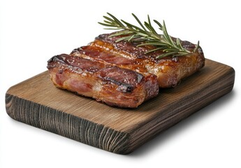 Grilled Beef Steak with Rosemary Garnish on Wooden Cutting Board, Perfect for Restaurant Menu and Culinary Presentations