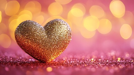 Fototapeta premium A golden glittering heart shaped object rests on pink surface