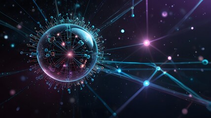 background 3d Abstract Digital Virus Cell with Glowing Network Connections
