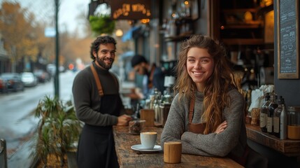 Smiling barista girl in coffee shop cafe serving cappuccino latte art with friendly barista man background
