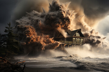 photograph ferocity of a monstrous hurricane as it unleashes its wrath upon idyllic coastal homes, underscoring sheer might of tempest and precariousness of those residing in seaside communities