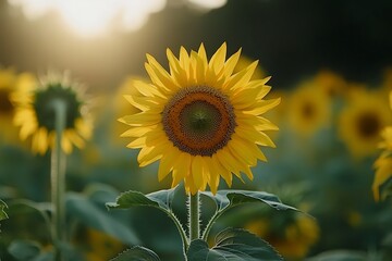 Vibrant Sunflower Field at Sunrise with a Soft Glow