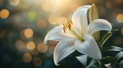 Fototapeta premium Graceful white lily bathed in warm, ethereal light.