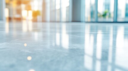 Fototapeta premium Modern, clean office interior floor. Blurred view of a spacious lobby with large windows and light reflecting on the polished floor