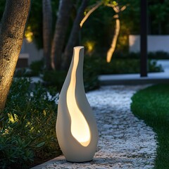 Yucca root-shaped outdoor lamp mockup, white color displayed on a garden path for effect.