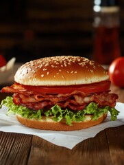 Juicy Bacon Burger with Fresh Ingredients and Sesame Seed Bun on Wooden Table, Perfect for Food Photography and Culinary Projects