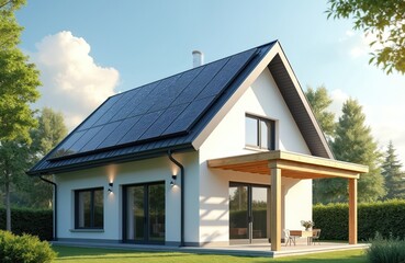 Modern house roof covered solar panels. Clean energy, green eco home. Renewable photovoltaic electric power system. Energy saving innovation for future. Environment, ecology, sky, sun, nature, home.