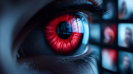 Closeup of a Red Eye Reflecting a Grid of Social Media Feeds