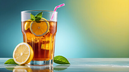 Glass cup of refreshing iced lemon tea drink with lemon slices. Drink wallpaper background. Dynamic lighting. Vibrant juicy ripe lemons. Simple plain soft colored background. Drink concept for ads