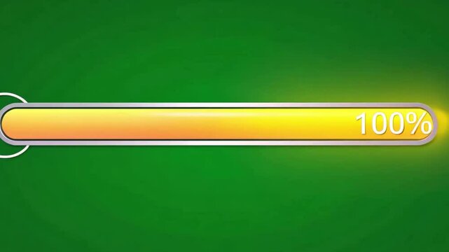 smooth, high-quality animation of a progress bar indicator gradually filling from 0% to 100%. The bar starts empty and progressively fills with a sleek, glossy, or neon-glowing effect. 