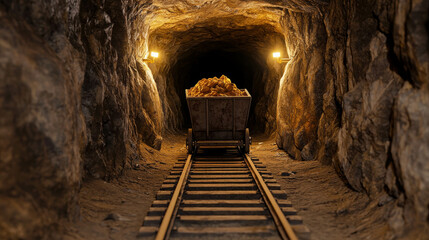 Cart filled with gold ore inside dimly lit mine tunnel with wooden tracks and rock walls