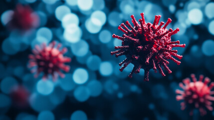 Microscopic view of vibrant red spherical dengue virus particles floating in blurred blue background, symbolizing infection risk and epidemic danger with shallow depth of field scientific visualizatio