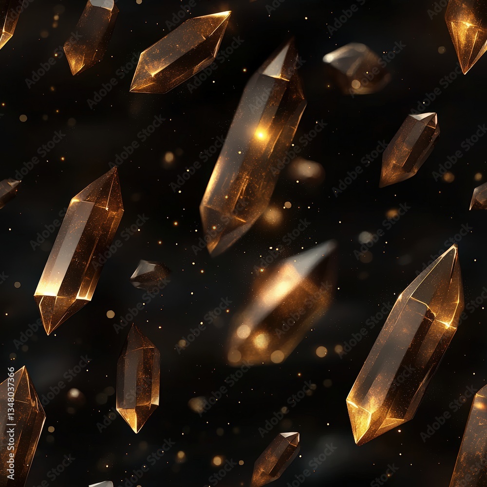 Poster seamless pattern of dark amber crystalline pointed formations floating against a dark background wit
