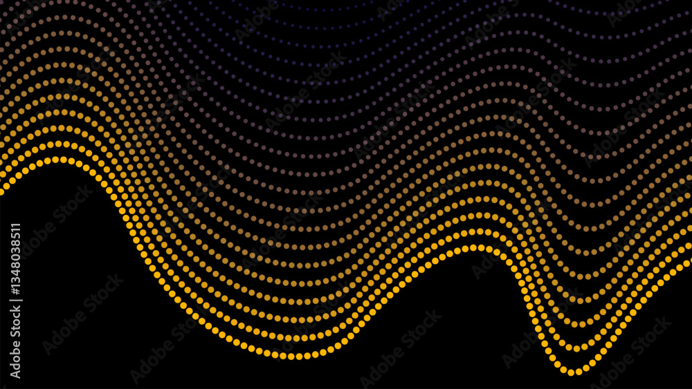 Poster dynamic particle waves in yellow halftone create fluid point curves on dark background for technolog
