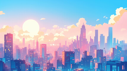 Fototapeta premium 未来都市の空想世界 空に向かって広がる高層ビル群と青空 透明感のあるパステルカラーのシティスケープ 近未来の都市風景 デジタルアート