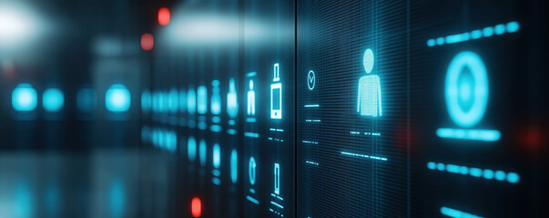 Fototapeta premium A futuristic digital display featuring various icons and symbols, illuminated in blue, suggesting a high-tech environment.