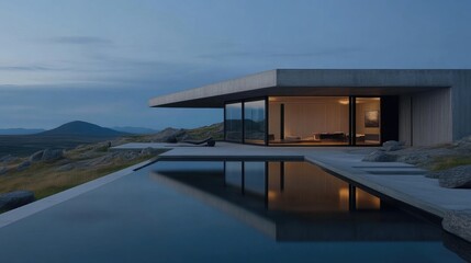 Fototapeta premium Modern concrete home with infinity pool, mountain views