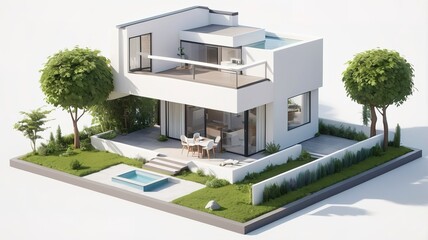 Fototapeta premium A small modern minimalist house isometric perspective,&nbsp;3D model miniature