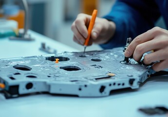 A close-up scene of a technician's hands working on a circuit board with precision tools, featuring an orange-handled tool adjusting a microchip, set against a detailed electronic device background