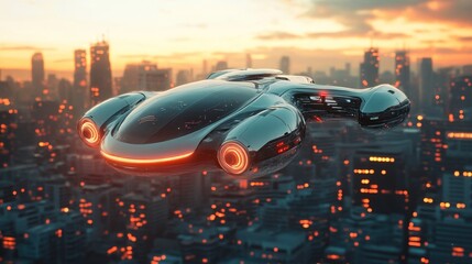 Futuristic flying car over city skyline at sunset