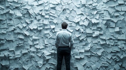 Man Facing Wall Covered with Documents Depicting Overwhelmed and Stress Concept