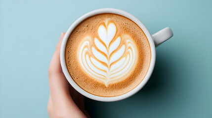 Overhead View of a Hand Holding a Latte with Leaf Design on a Teal Background