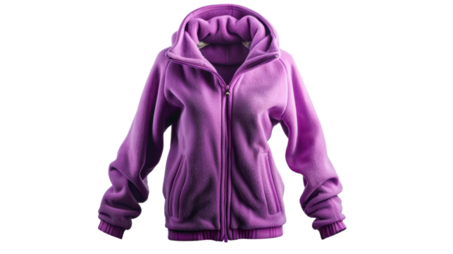 Purple fleece jacket with hood isolated on transparent background