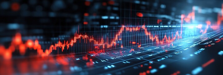 Obraz premium A futuristic digital interface displaying vibrant red and blue stock market charts with fluctuating candlestick patterns, set against a dark background with glowing data grids