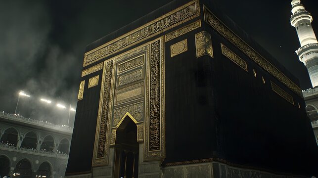 Night view of the Kaaba in Mecca, Saudi Arabia.  Ornate gold detailing on the black cloth covering.  Surrounding buildings and a minaret are visible in the background.