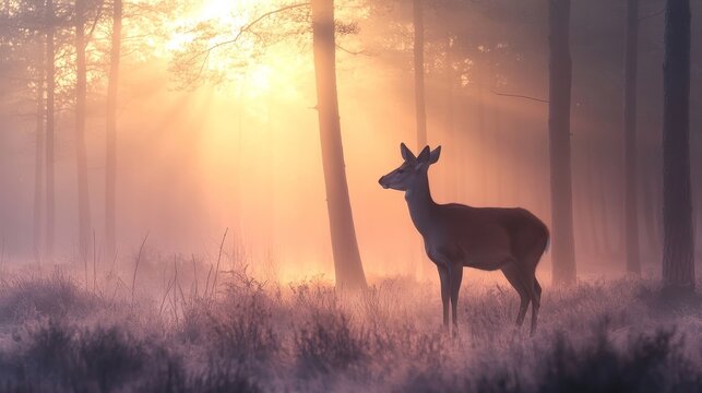 graceful deer in a misty forest at sunrise in nature. International Day of Forests and Wildlife Conservation