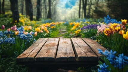 Wooden Platform Amidst Blooming Spring Flowers In A Forest