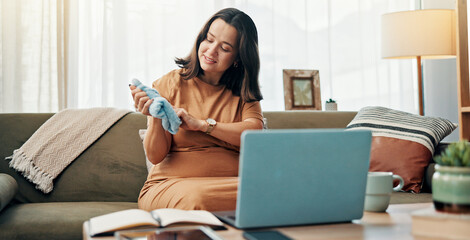 Pregnant, woman and baby clothes for video call, talking and sharing motherhood on social media...