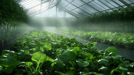 Lush green plants thriving in a misty greenhouse environment.