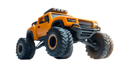 Obraz premium Orange Offroad Monster Truck with Black Wheels on Transparent Background Automotive Transport Powerful Vehicle for Extreme Adventure and Racing