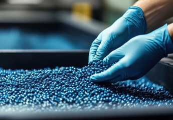 A close-up of a gloved hand inspecting a conveyor belt filled with shiny blue plastic pellets in an industrial factory, cool blue lighting, realistic style