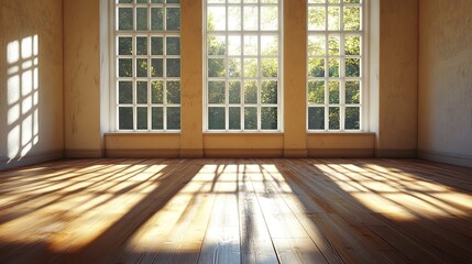 An elegant empty room with large windows, wooden floor, and sunlight streaming through casting long shadows, surrounded by lush green trees outside, warm natural lighting