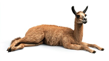 Relaxed Llama Lying Down on White Background