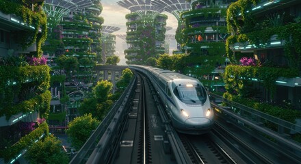 Fototapeta premium Futuristic train journey through sustainable green city with vertical gardens