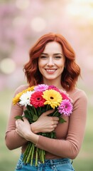 Fototapeta premium Smiling woman with colorful flower bouquet in bright outdoor setting