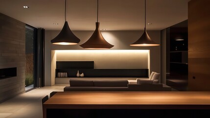 Modern pendant lights hang from the ceiling, casting a warm glow in a contemporary interior space