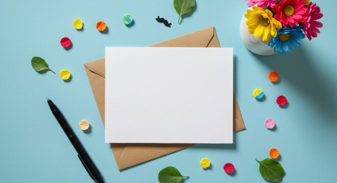 Blank card on colorful desk with flowers and pen for creative notes or invitations