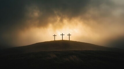Obraz premium Three wooden crosses silhouetted on a hill against a golden Easter sunrise.