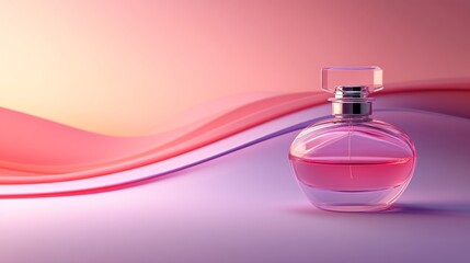 Elegant perfume bottle showcases a pink liquid on wave background