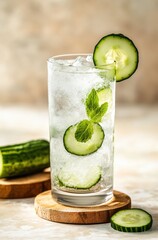 Fototapeta premium Refreshing Cucumber Mint Cocktail with Ice and Fresh Garnish in a Tall Glass Ideal for Summer Days and Relaxing Gatherings